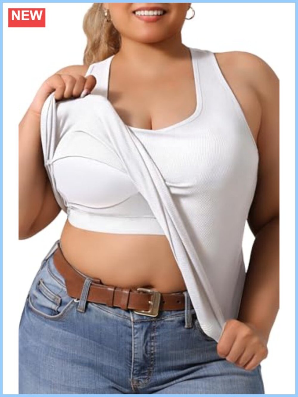 Women's Plus Size Tank Top with Built in Bra Racerback Curved Hem - Sleeveless